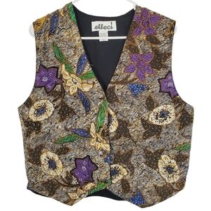 1494 * Effeci Beaded Floral Print Vest Tan Purple Size L Vintage